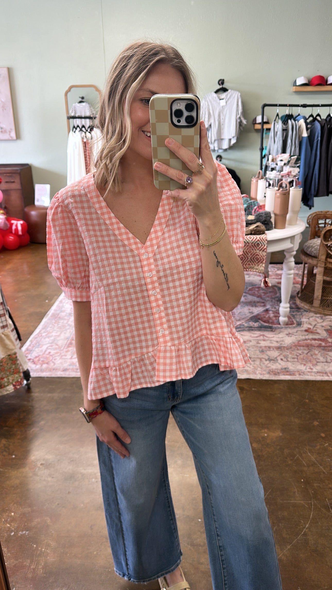 Coral Gingham Top