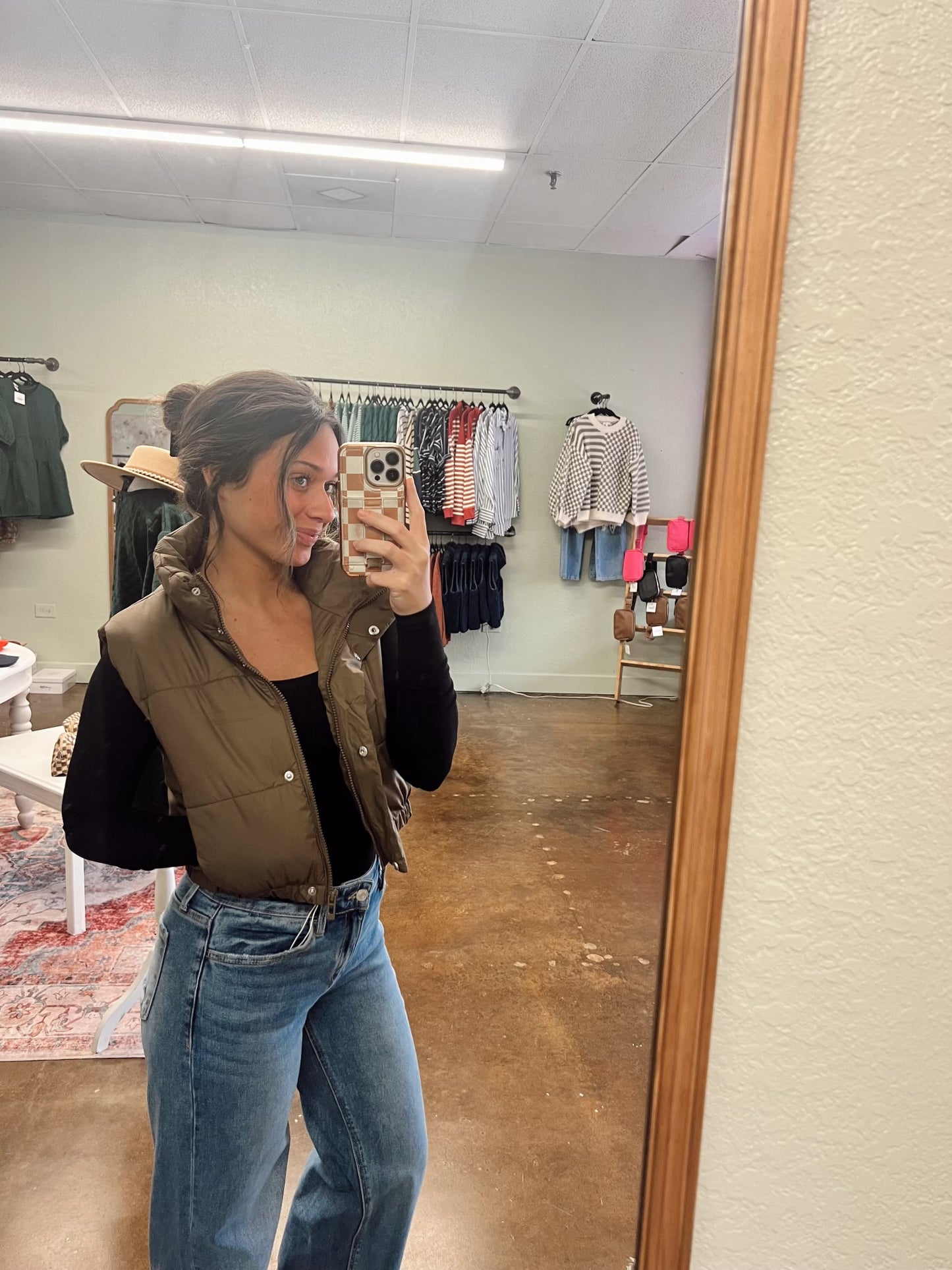 Crop Puffer Vest - Brown