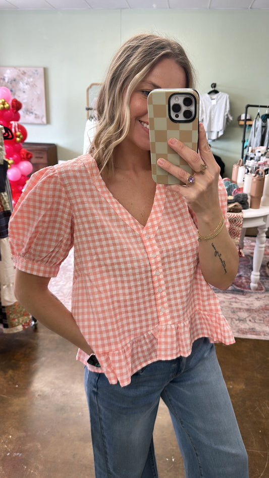 Coral Gingham Top