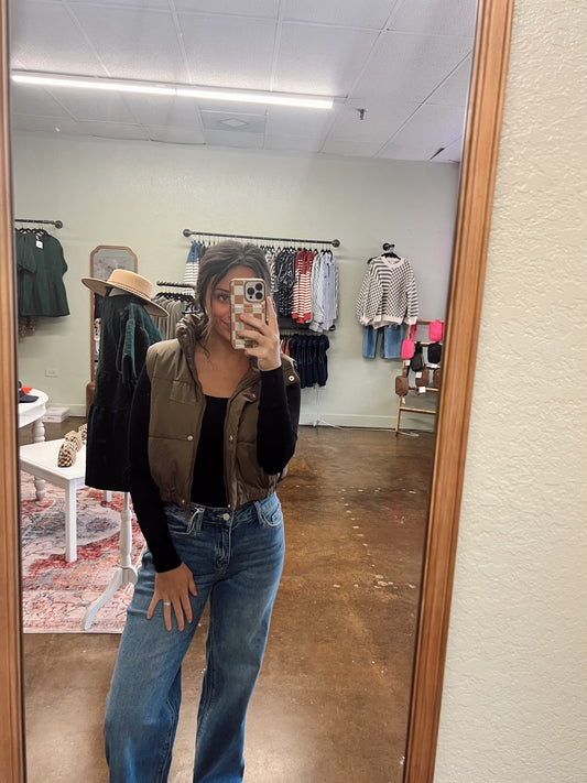 Crop Puffer Vest - Brown
