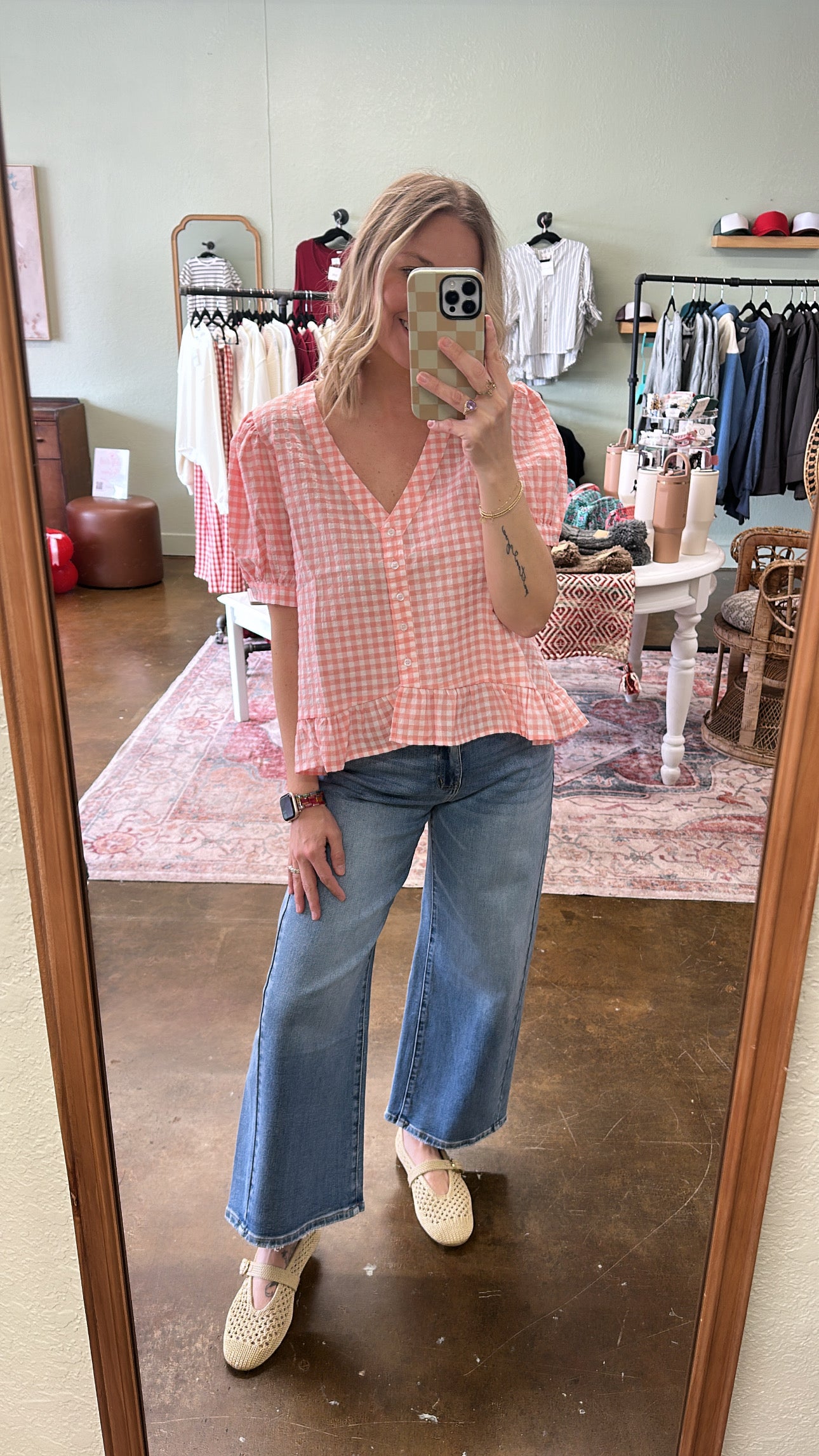 Coral Gingham Top